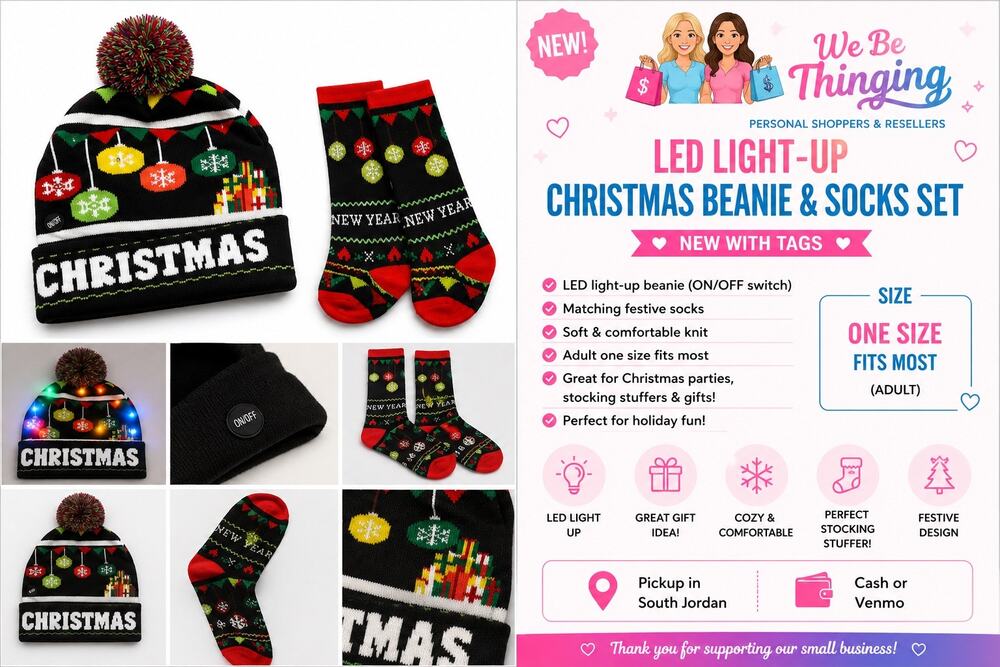 LED Light Up Christmas Beanie Hat & Matching Socks Set Adult One Size NWT
